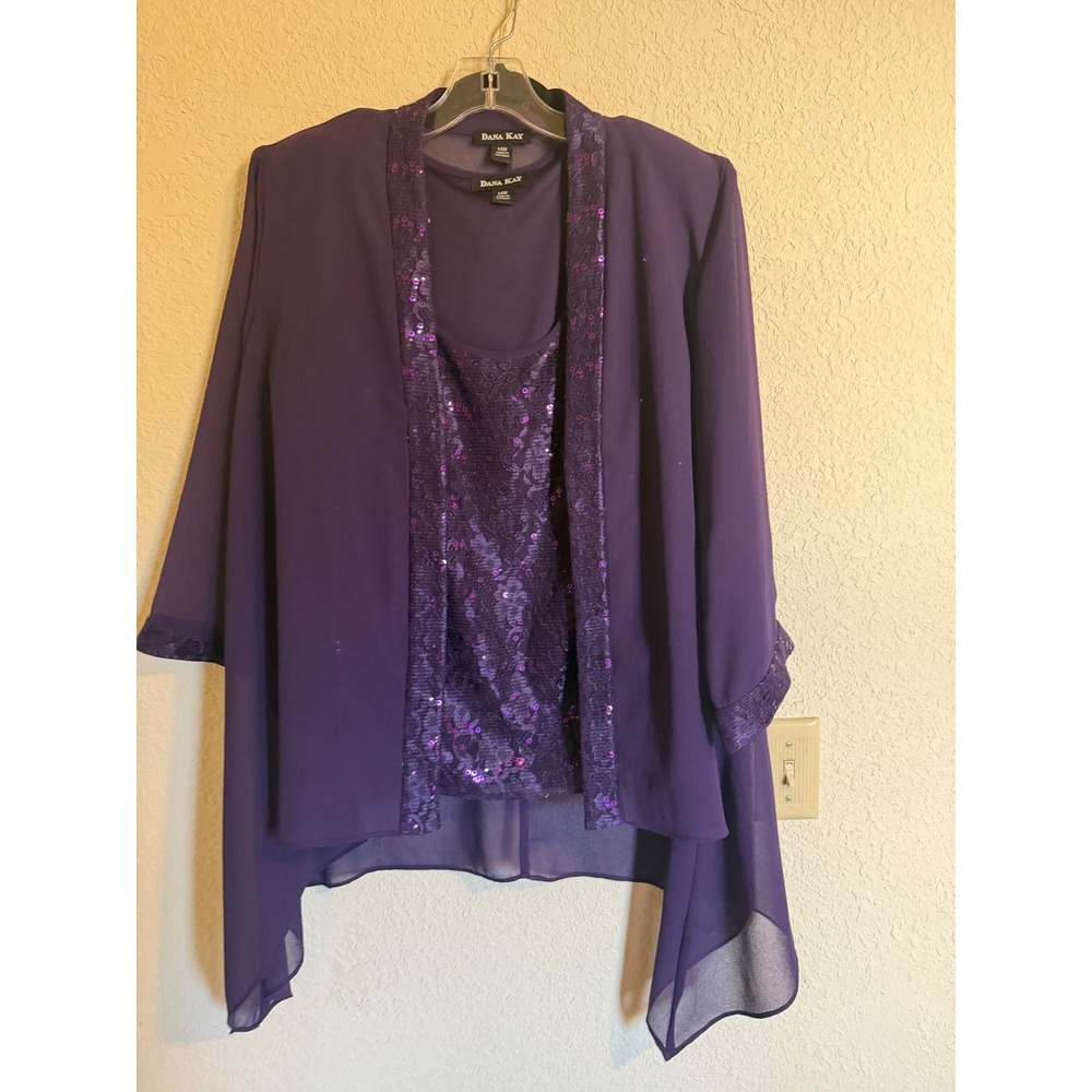 Dana Kay Purple Sequin Lace 2 Piece Set Cardigan Shell Plus 14W Wedding Guest